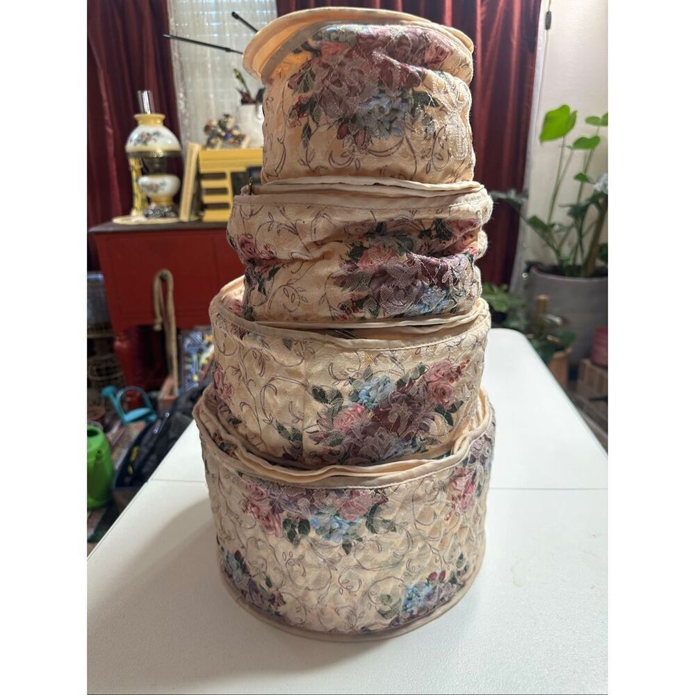 Floral Rose Fabric Round Storage Boxes Set of 4